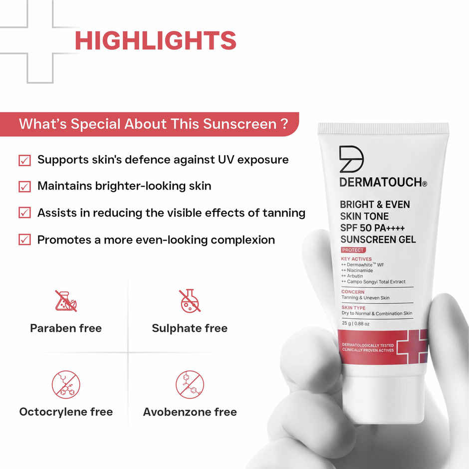 DERMATOUCH Bright & Even Skin Tone SPF 50 PA++++ Sunscreen Gel | for Tanning & Uneven Skin
