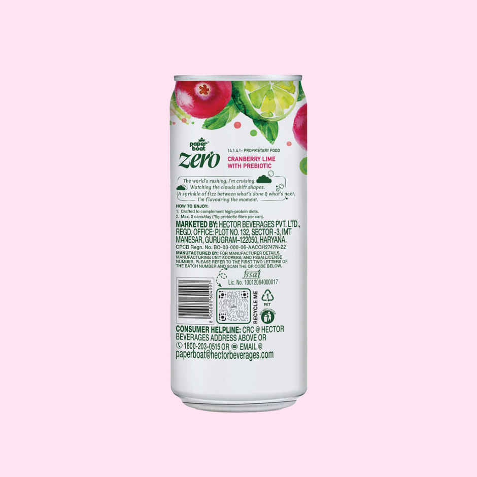 Paper Boat Zero Prebiotic Soda Cranberry Lime, 5g Fibre, Caffeinated Sugar Free Cold Drink