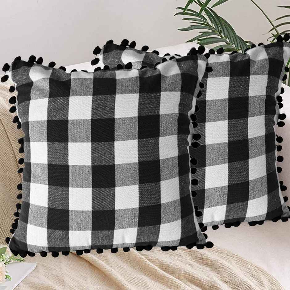 Lushomes Cushion Covers - Black and White Checks | Cotton | 18 x 18 inch | With Pom Pom