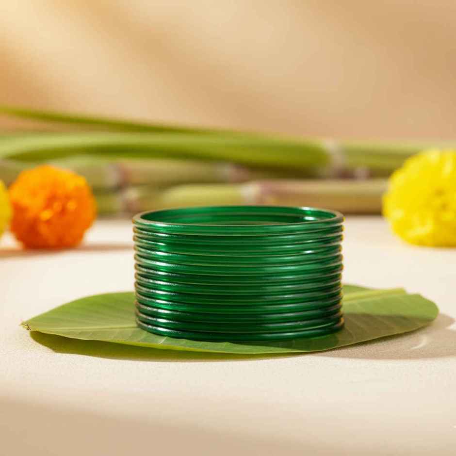 Traditional Glass Bangles | Green | Size 2.6 | Pack Of 12 | Happy Mail