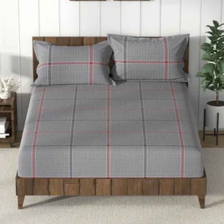 Nautica Super Soft 100% Cotton King Bedsheet and 2 Pillow Covers | Set of 3 | Checks Steelgrey