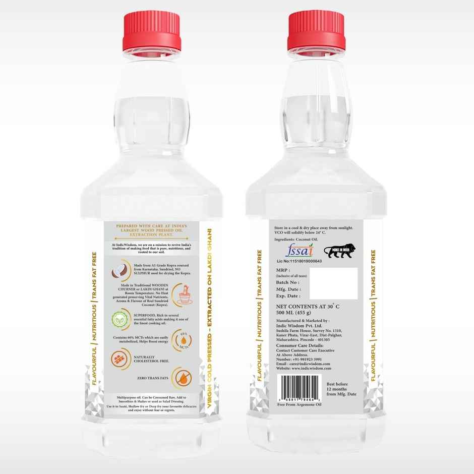 Indic Wisdom Coconut Wood Pressed Oil (Nariyal Oil) | Bottle | Cold Pressed - Extracted On Wooden Churner