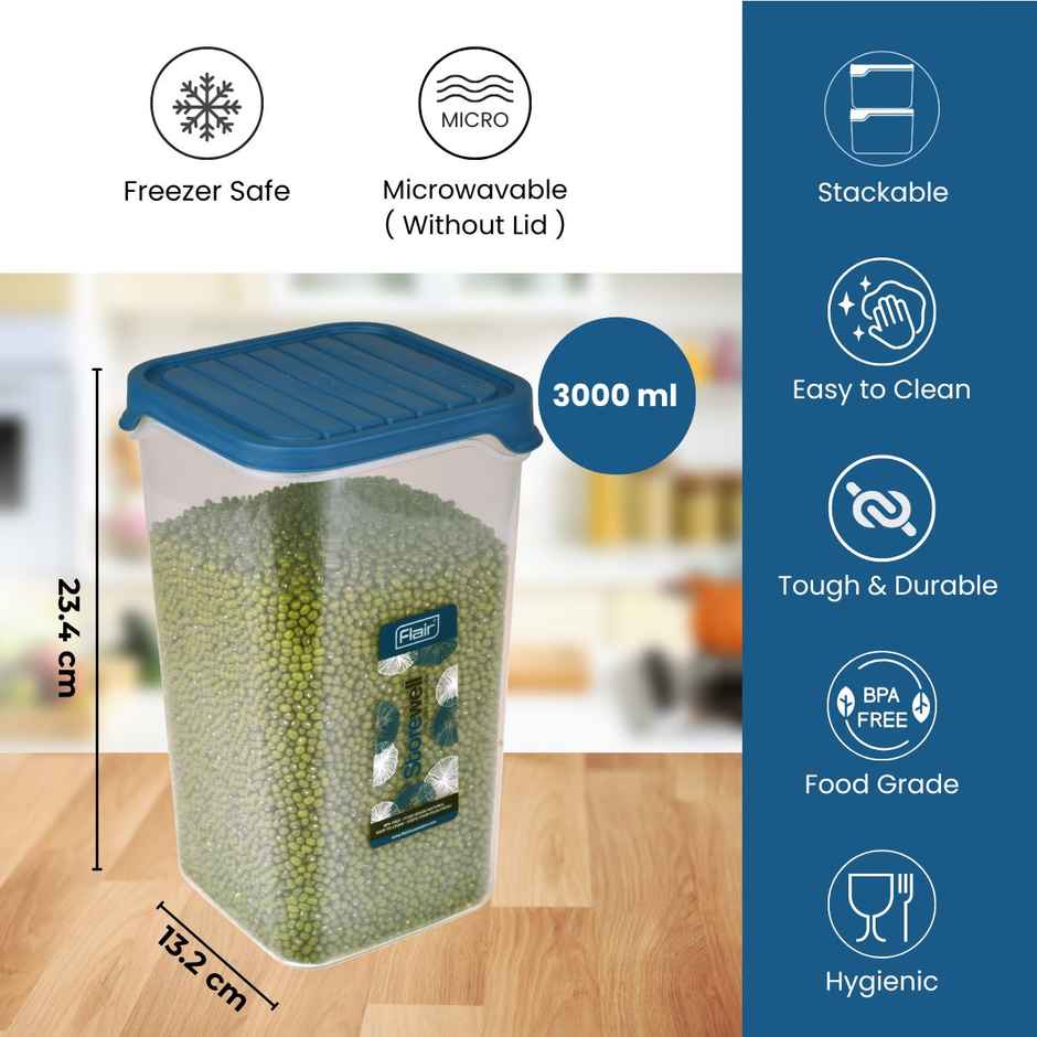 Flair Plastic Storewell Food Storage Containers 3000Ml (Blue), Food Grade, Bpa Free