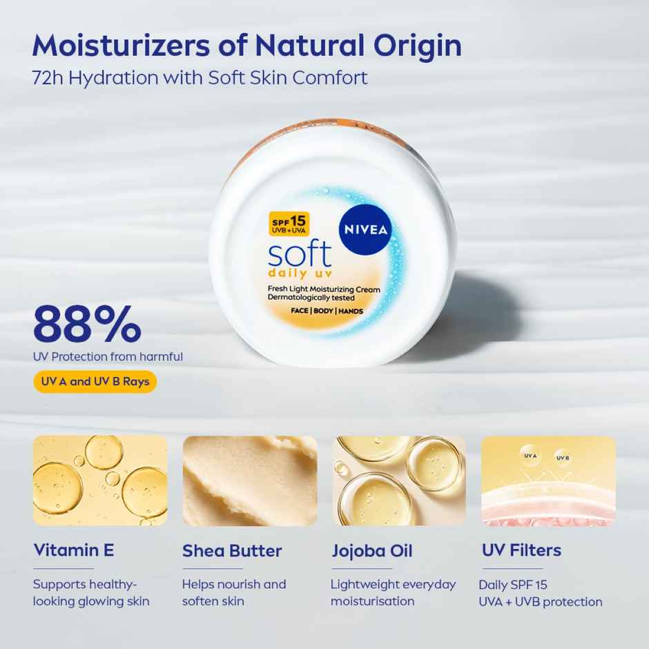 NIVEA Soft Daily UV Moisturizer with SPF 15 | 72 Hr Hydration | No White Cast Face Cream