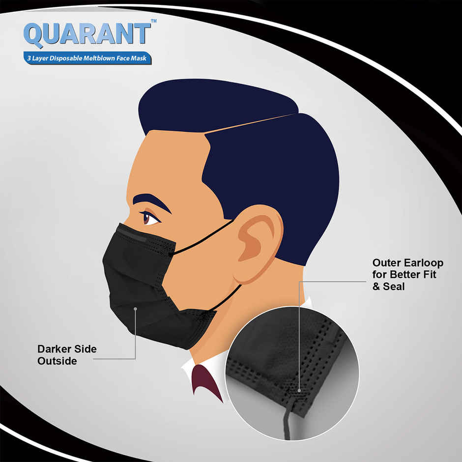 Quarant 3 Layer Disposable Meltblown Face Mask with Nose Clip and Reusable Travel Pouch | Black