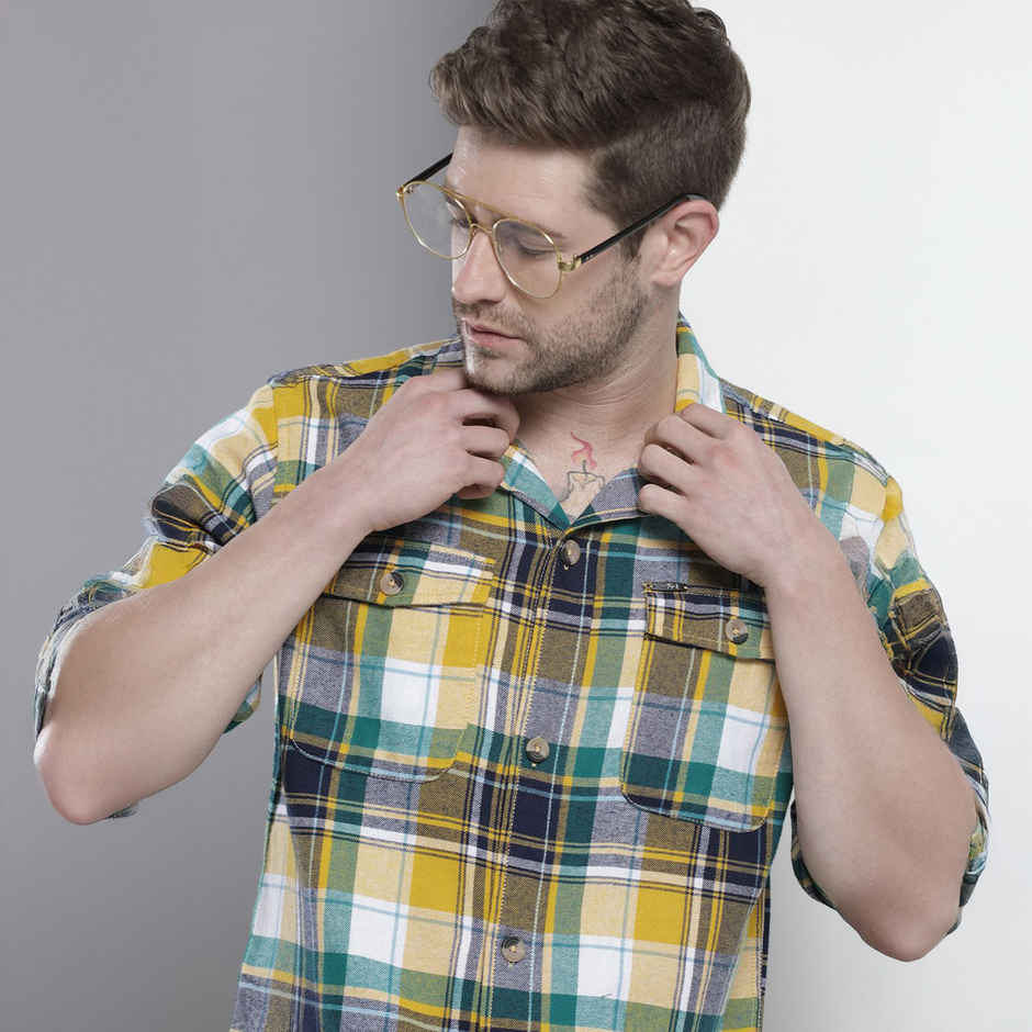 The Indian Garage Co Men's Slim Fit Checked Casual Shirt | Yellow - M