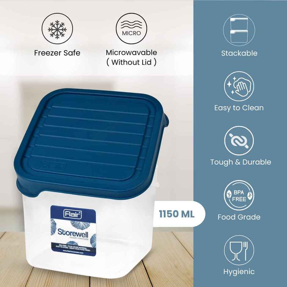 Flair Plastic Storewell Square Food Storage Containers 1150Ml - Set Of 3, (Blue), Food Grade