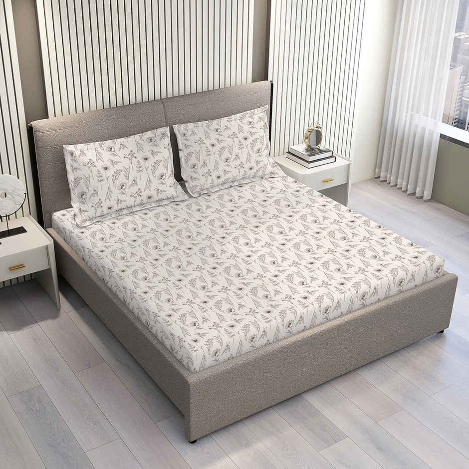 Layers Lumina Floret 100% Cotton 144 TC Grey & White King Bedsheet with 2 Pillow Covers