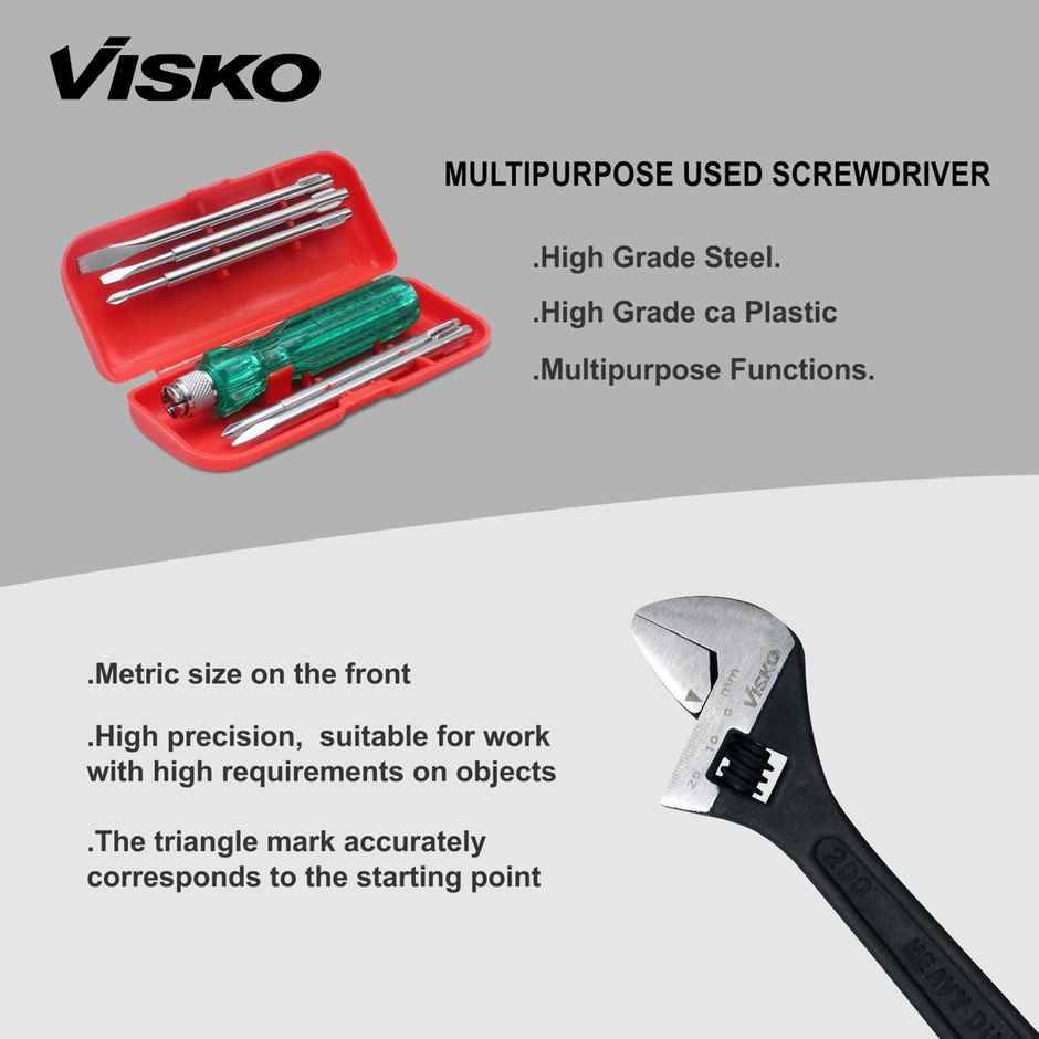 Visko 818 Hand Tools Combo With Screwdrivers | Open End Wrench | Doe Spanner | Sledge Hammer Kit