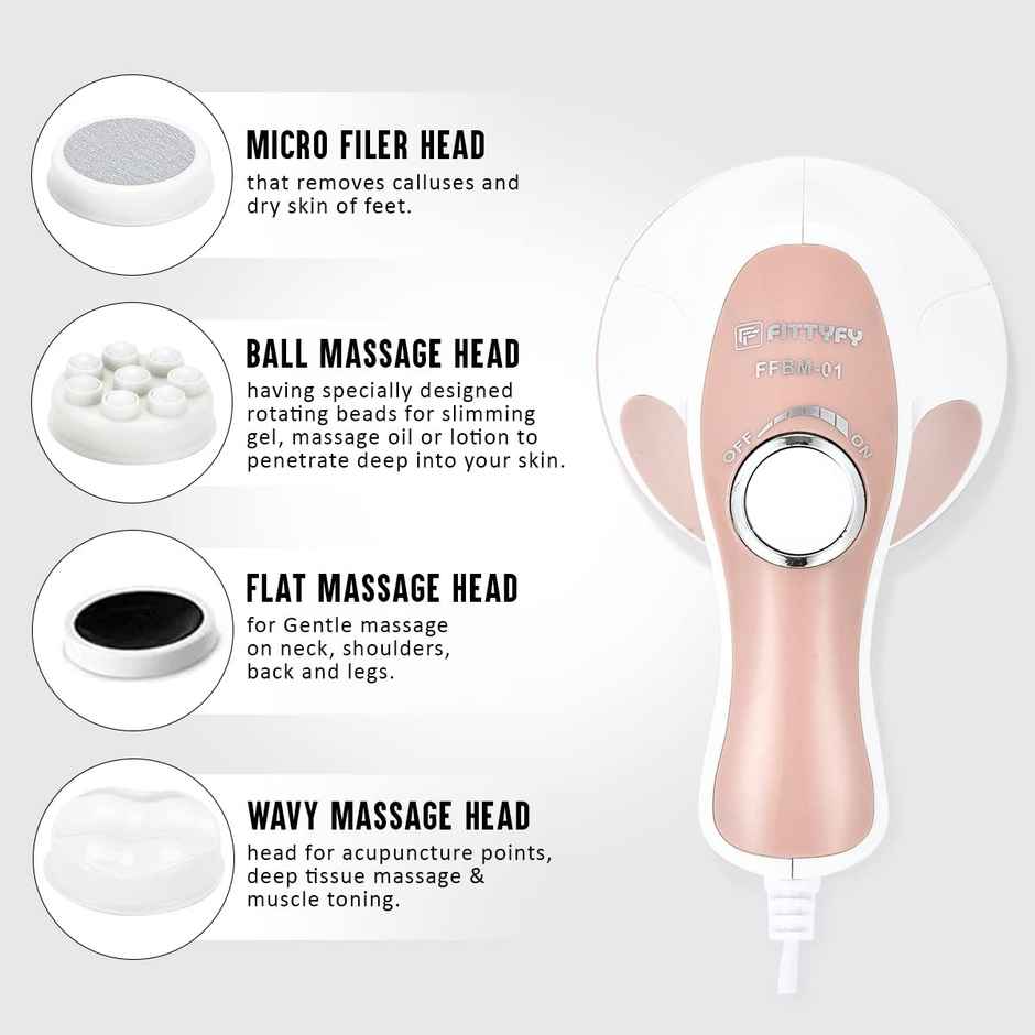 INALSA Fittyfy FFBM 01 Electric Handheld Full Body Massager-4 Heads &Variable Speed White/Pink