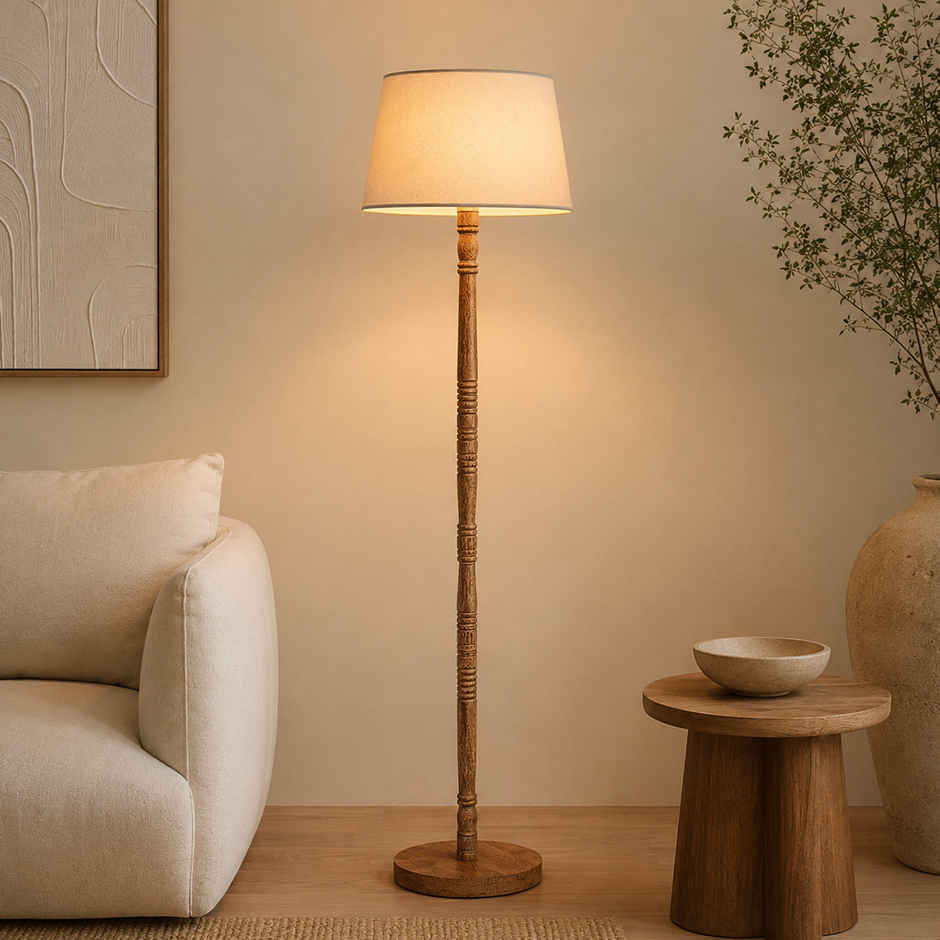 Homesake Mid-Century Wooden Floor Lamp with White Fabric Shade, Modern Standing Light