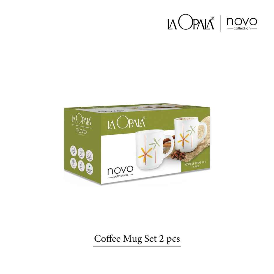 La Opala Novo Coffee Mug Grace 250 ml Set of 2 Radiant Curves Opal Glass Mugs for Tea & Coffee White