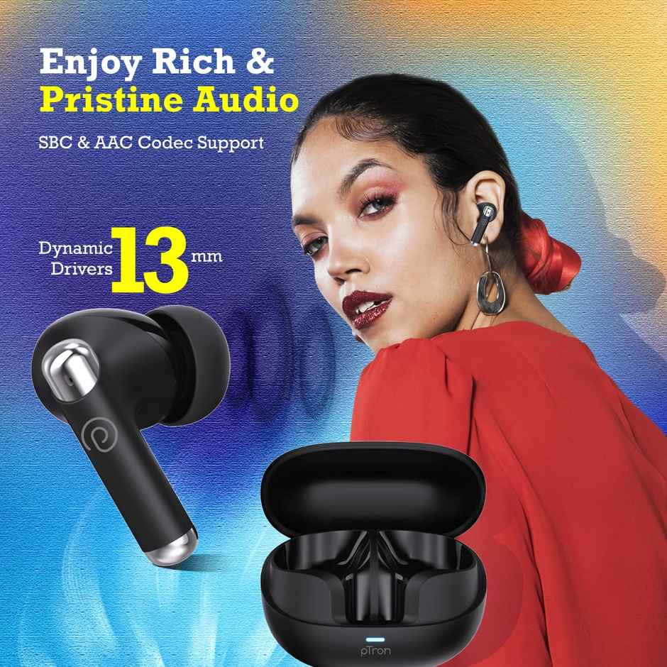 pTron Zenbuds Evo X5 34dB ANC TWS Earbuds | 4 Mic ENC Calls | 45H Playtime | 40ms Low-Latency - Black