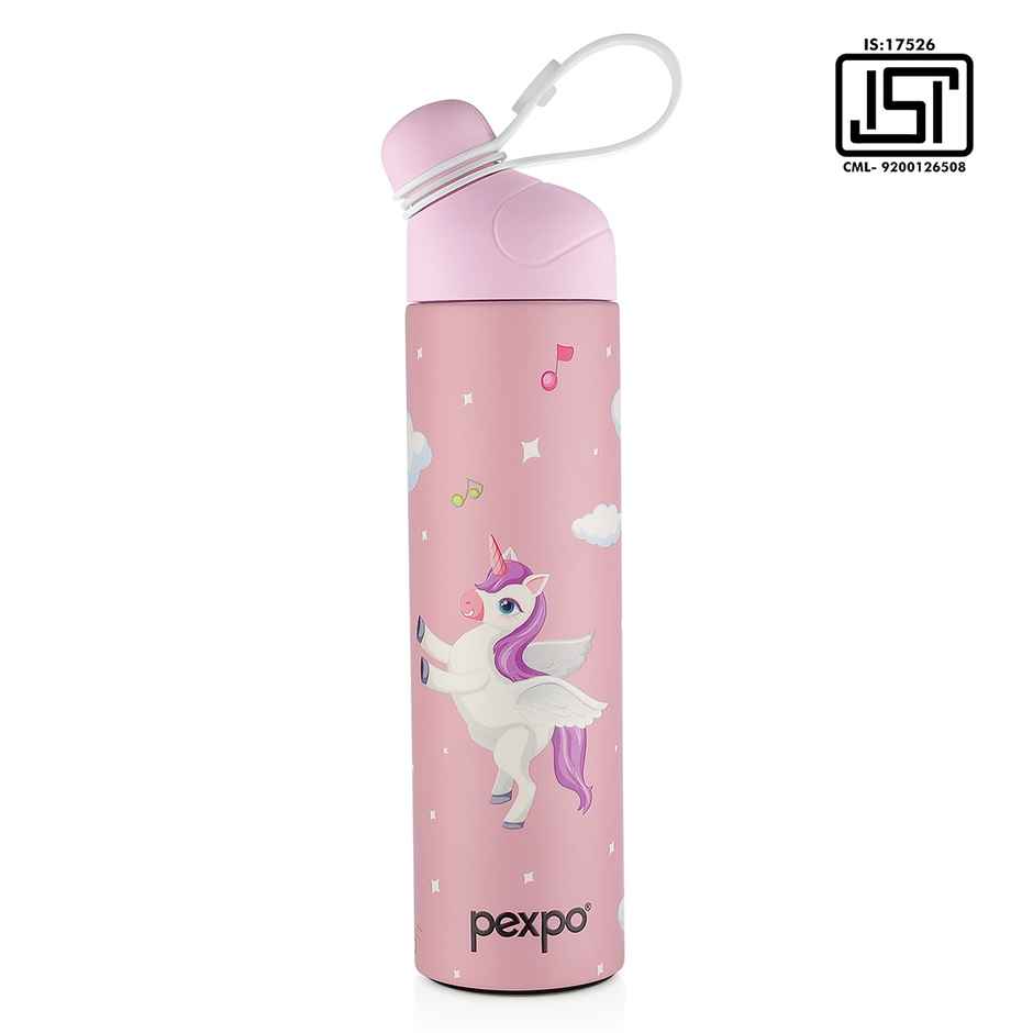 Pexpo Stainless Steel Pico Cute Sipper Hot & Cold Water Bottle | Unicorn UV Printed | Pink | 500 ml