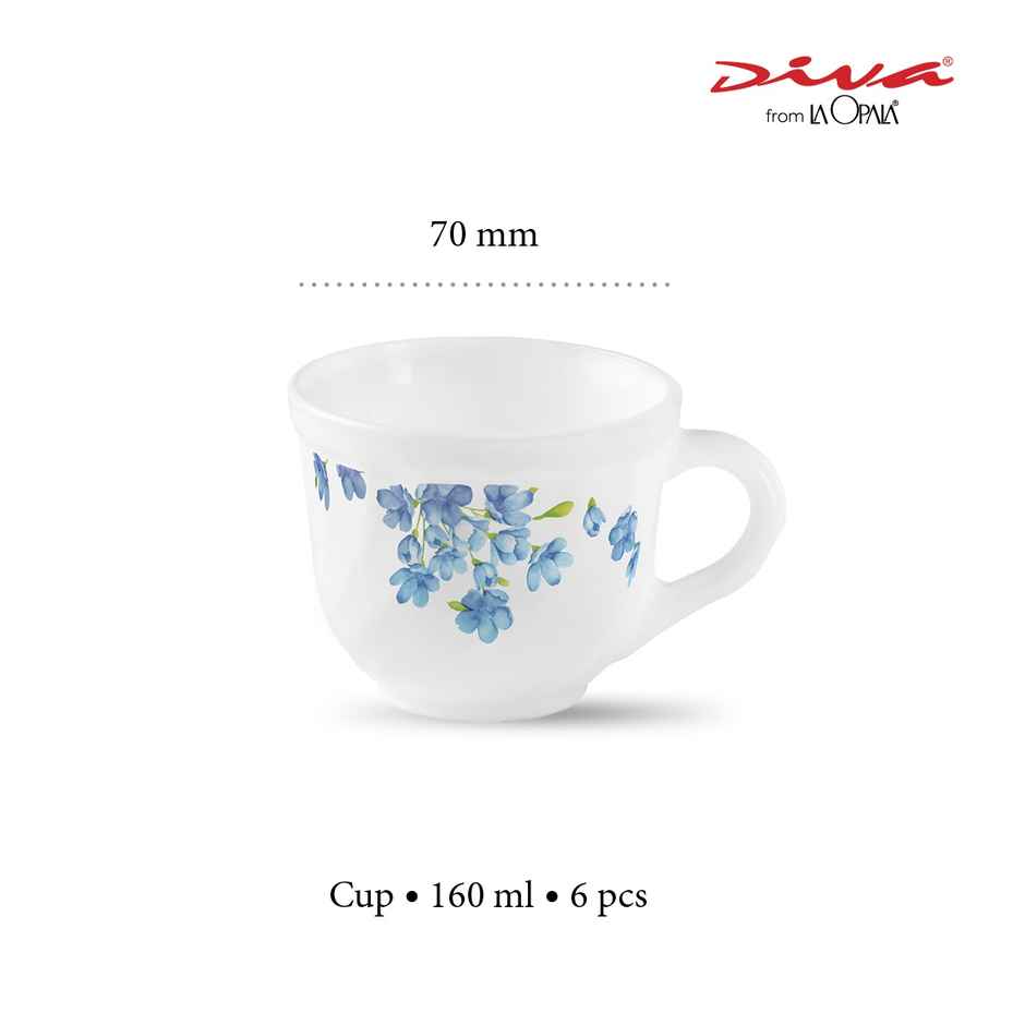 La Opala Diva Cup Set Tulip 160 ml Set of 6 Aster Blue Opal Glass Cups for Tea & Coffee, White