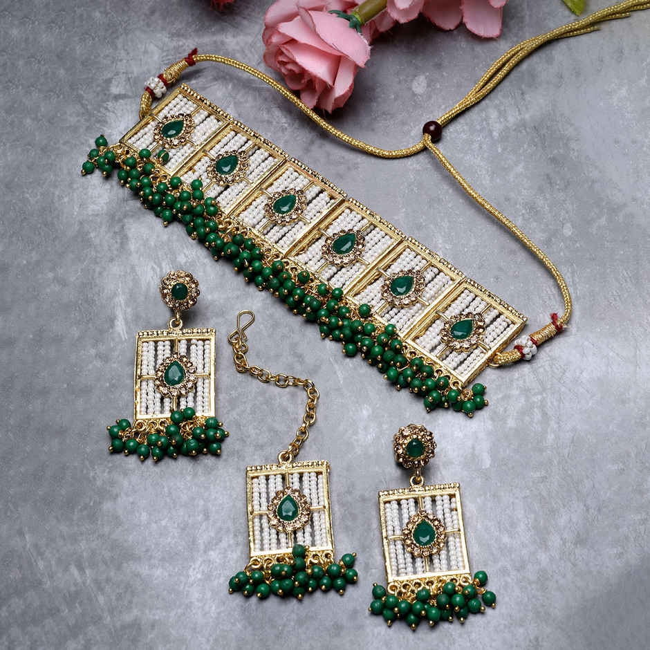 Sukkhi Urban Gold Plated Green Beads Studded Collar Necklace Set