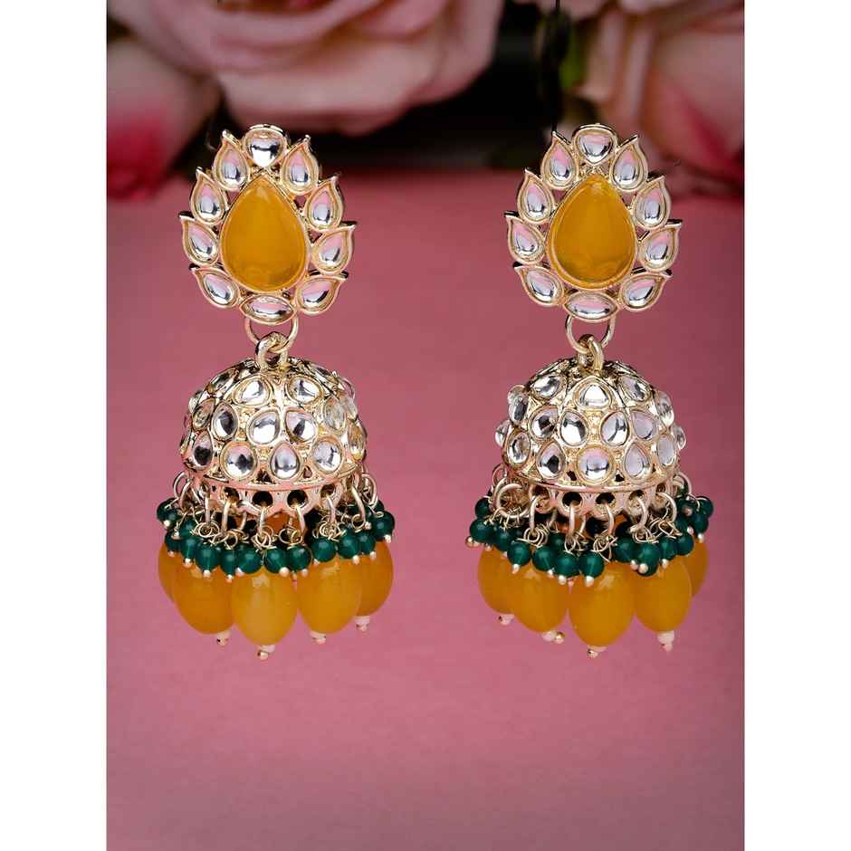 Studio Sukkhi Traditional Gold Plated Yellow Green Kundan Jhumka/Jhumki Earrings for Women