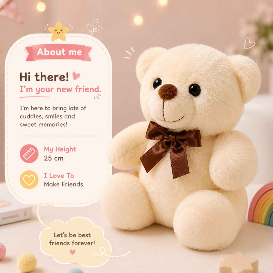 ToyTales Teddy Bear Soft Toy | Plushie Stuffed Animal Toys | Birthday Gift for Kids | Cream | 25cm
