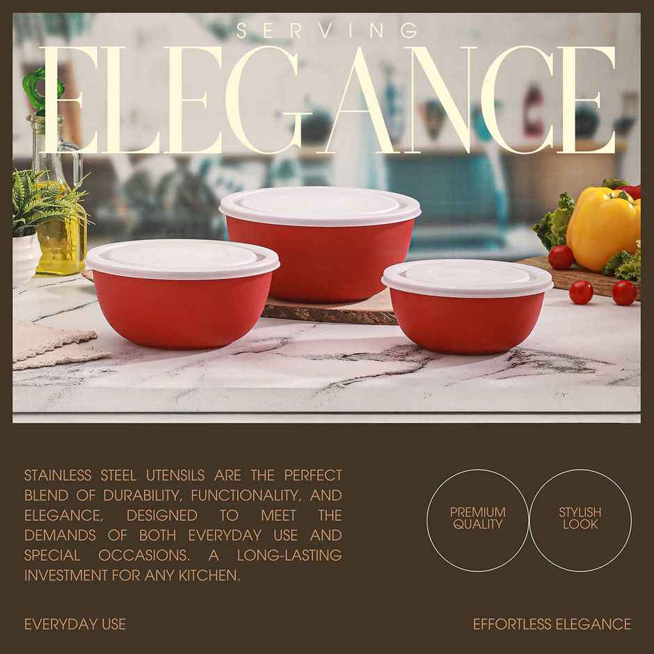 Jensons Microwave Safe  Bowl Set of 3 | Stainless Steel Bowls | Ovan Safe | with Lid