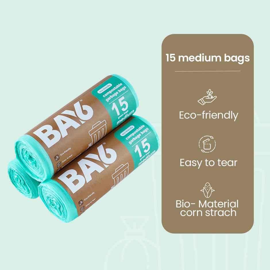 BAY6 Compostable Garbage Bags Roll - Medium - 19 x 21 Inch - Green