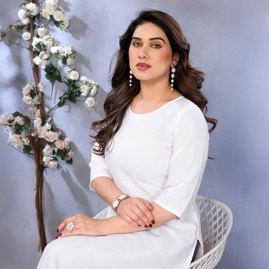 Riglozi White 3/4 Sleeves Cotton Made White Long Round Neck Regular wear Kurti for Women | XXL