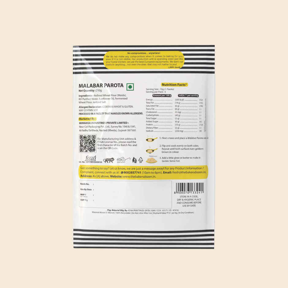 The Baker's Dozen Malabar Parota Zero Palm Oil | Ready To Eat | Ready To Cook | Wheat Paratha