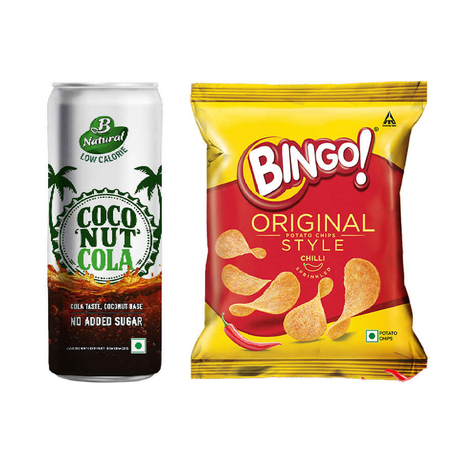 B Natural Coco Nut Cola (250ml) & Bingo! Original Style Chilli Sprinkled | Flat Cut Spicy Potato Chips Pack For Snacks (85g) Combo