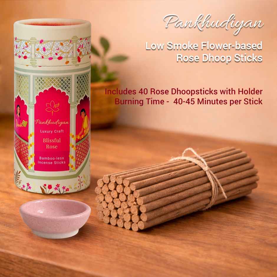 Pankhudiyan Rose Flower-based Low Smoke Bambooless Dhoopsticks (Sticks + Ceramic Holder)