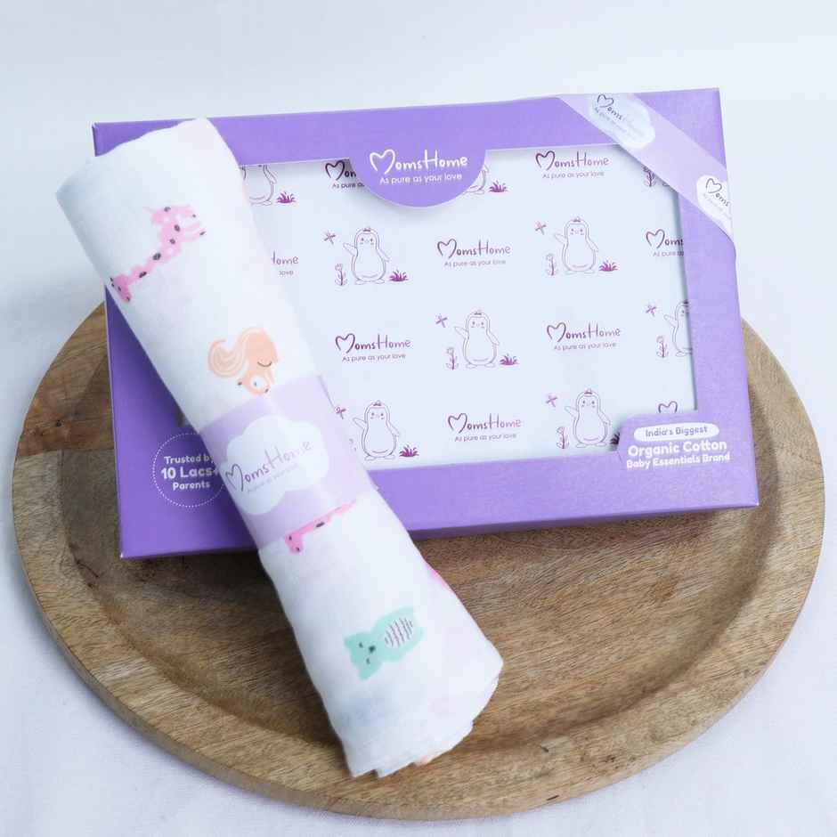 Moms Home Organic Cotton Baby Muslin Swaddle | 100X100 Cm | Pack Of 1 | Cute Jungle