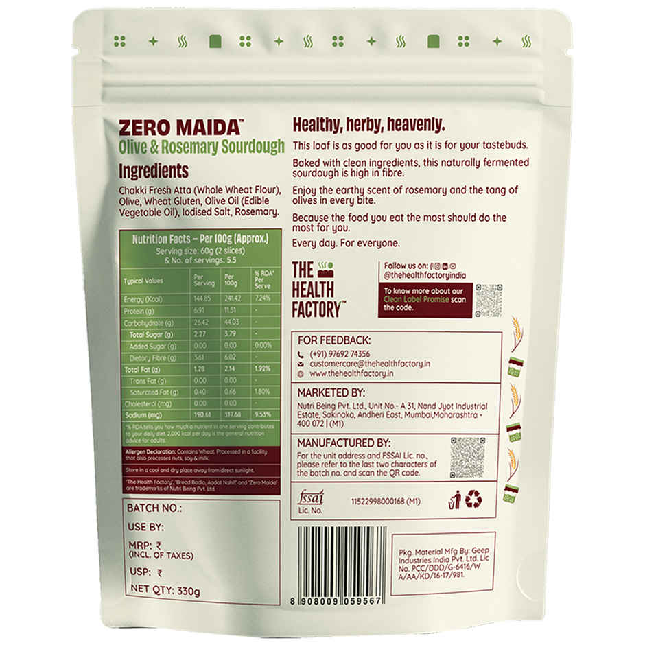 The Health Factory Zero Maida Olive & Rosemary Sourdough | Clean Label