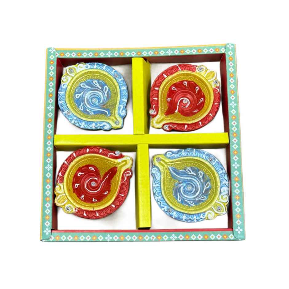 Multicolor Floral Diya | Pack OF 4 | Designer Clay Diya | DiaCraft