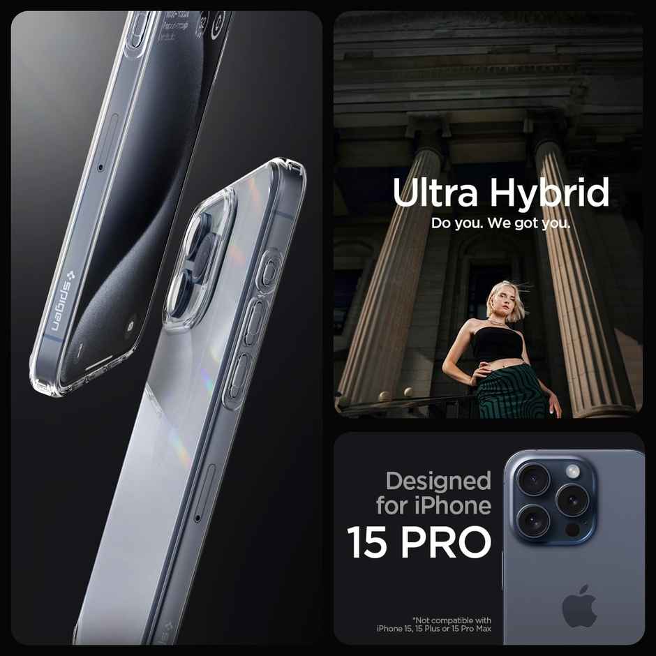 Spigen Ultra Hybrid Back Cover Case Compatible with iPhone 15 Pro(TPU +Poly Carbonate|Crystal Clear)
