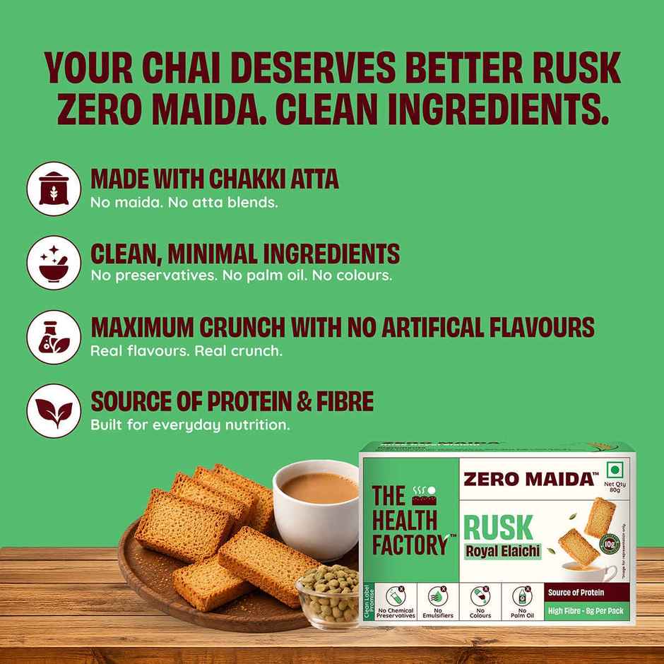 The Health Factory Elaichi Rusk | Zero Maida | Source of Protein & Fibre | Wheat Rusk Toast | Tea Time Snack