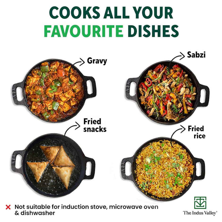 The Indus Valley Super Smooth Cast Iron Kadai with Glass Lid 10.2Inch/26 cm, 2.5Ltr, 2.4kg