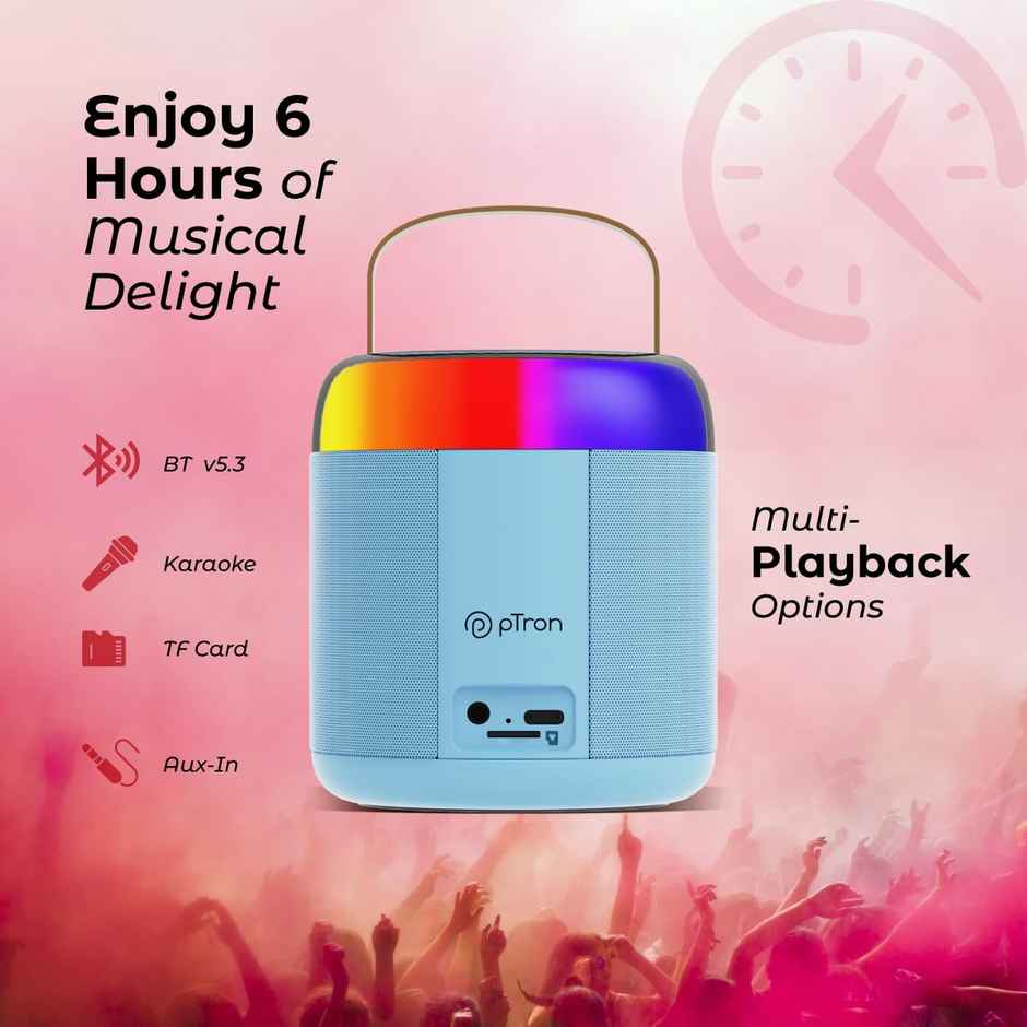 pTron Fusion Bliss 16W Bluetooth Speaker | Wireless Karaoke Mic | RGB Lights | 6hrs Playtime - Blue