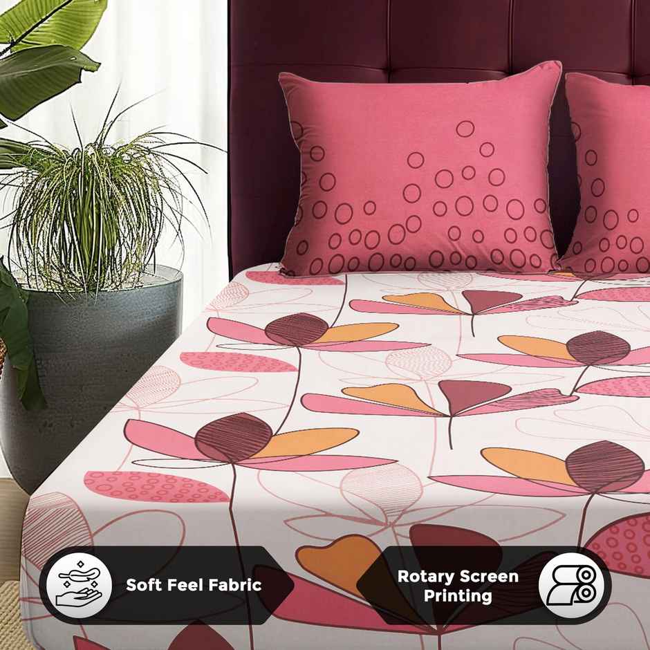 Story@home 152 TC Cotton Double Floral Flat Bedsheet (White, Pink)