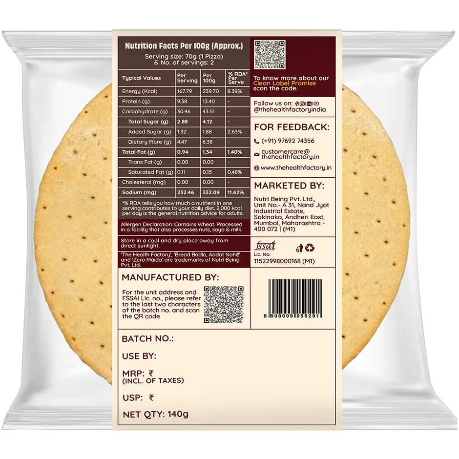 The Health Factory Zero Maida Pizza Base | Clean Label - Not Brown