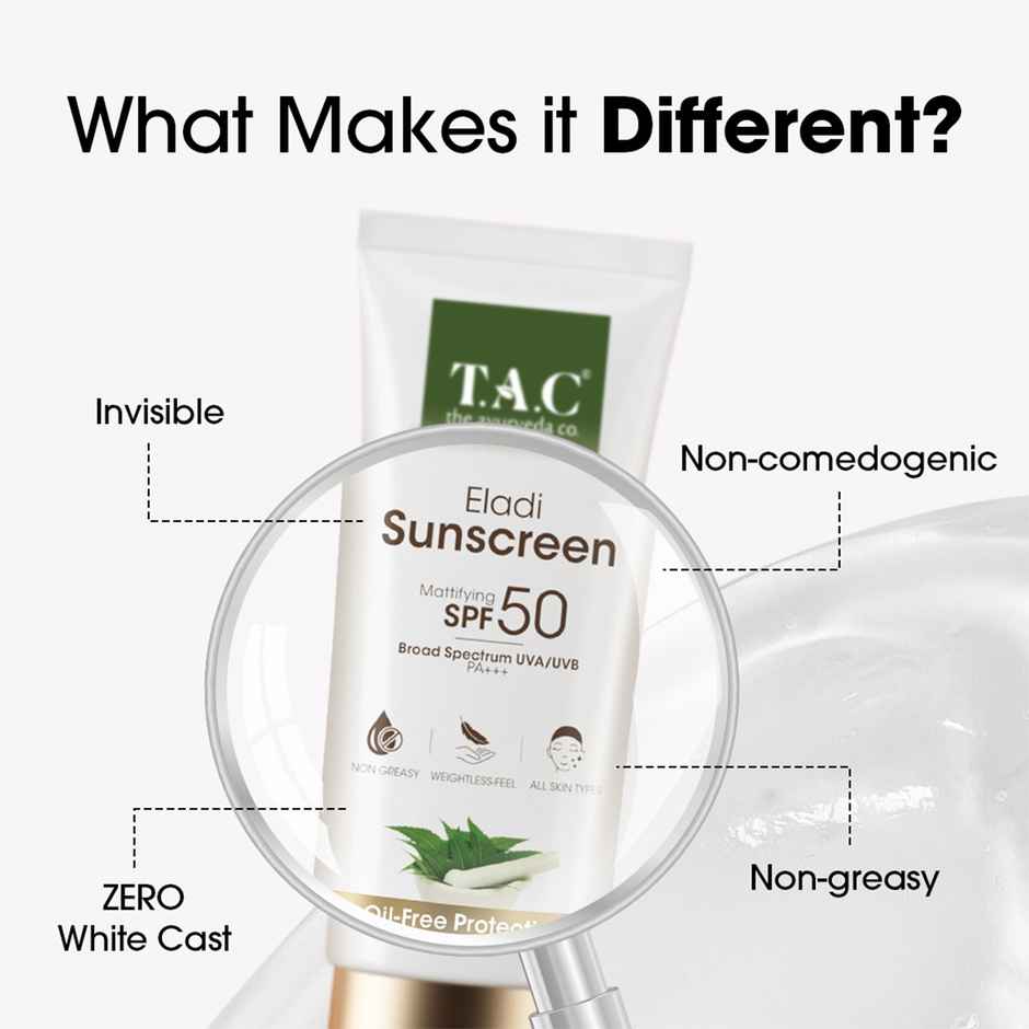 TAC Eladi Sunscreen SPF 50 PA+++ Mattifying, Invisible, No White Cast, Oily Skin