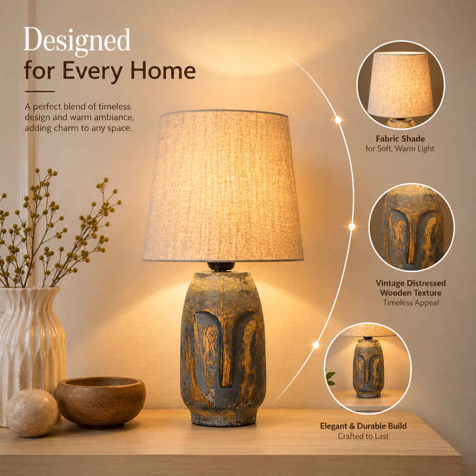 Homesake Small Retro Teardrop Table Lamp | Wood Grain Farmhouse | Bedroom & Living Room | Gray