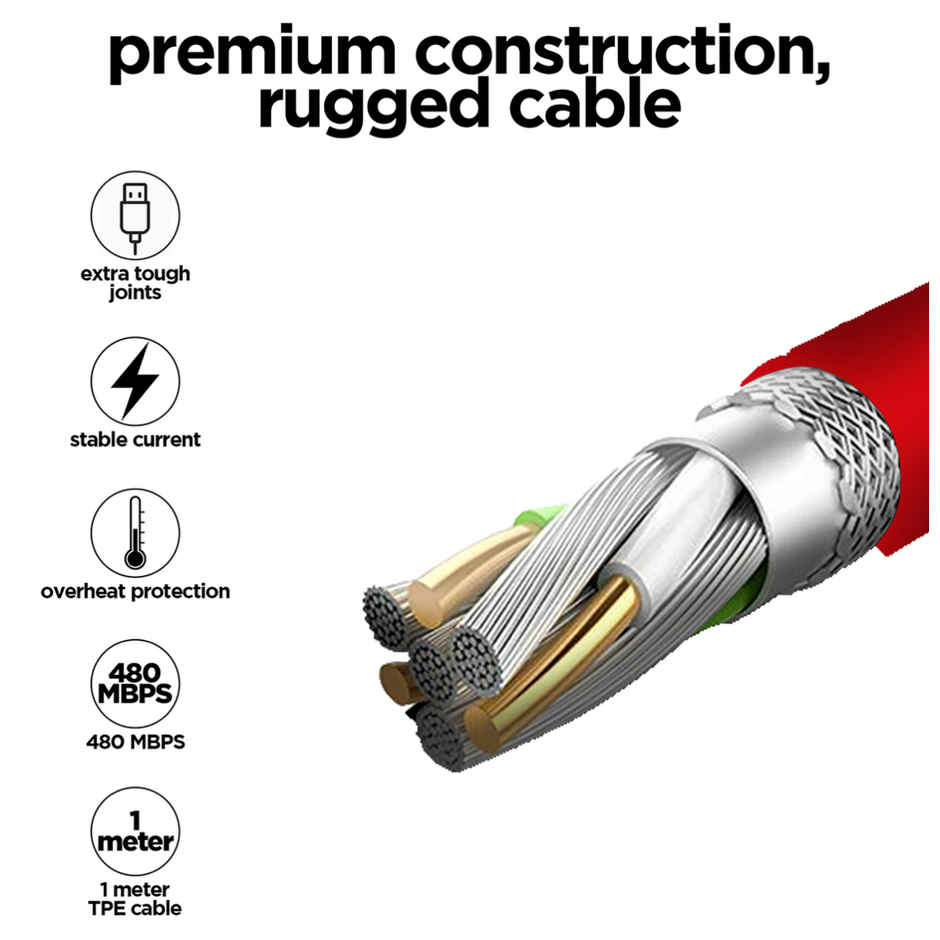 Nu Republic Blaze Hypersonic USB Type-C Cable | 50W 3.5A | 1 m Fast Charging | Red