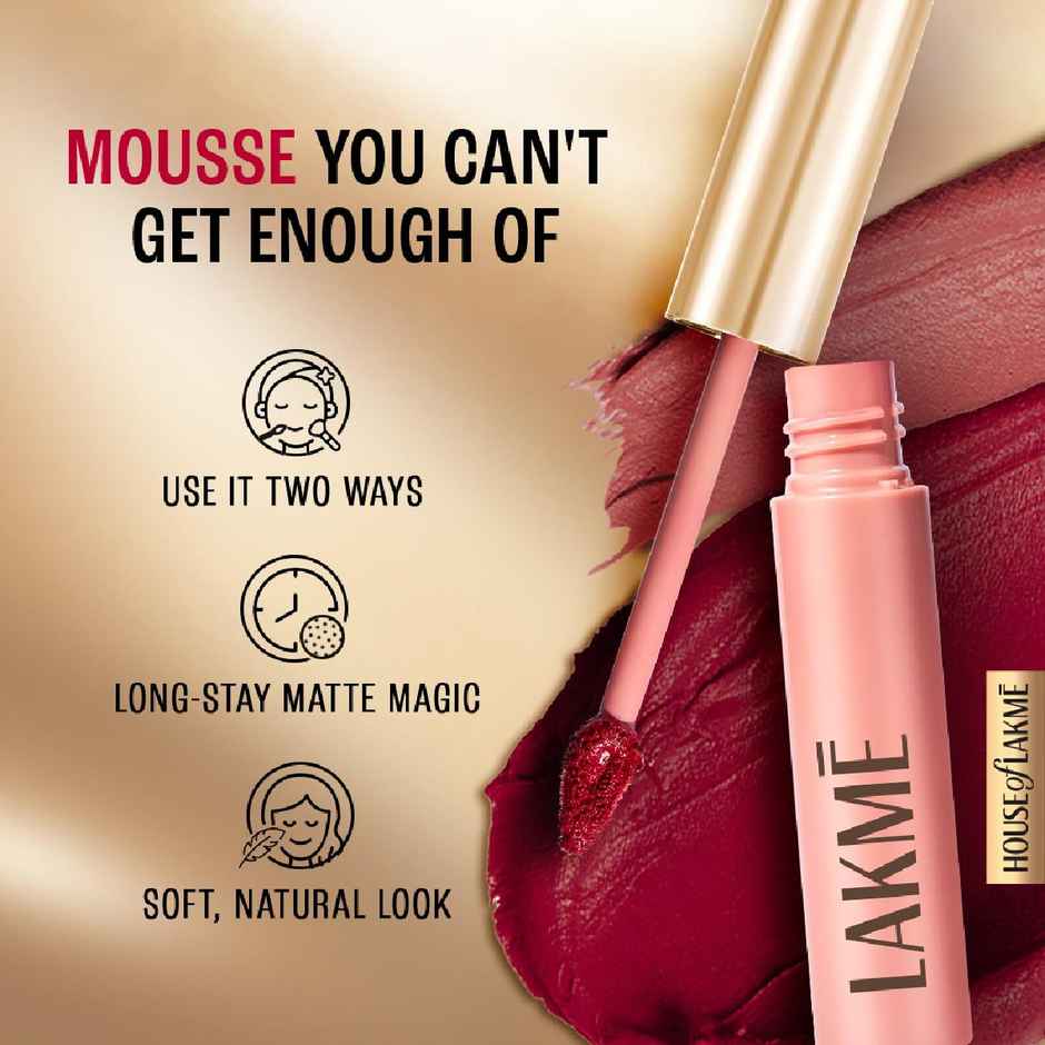 Lakme Double Duty Lip & Cheek Mousse Matte Lipstick & Soft Blush, Burgundy Lush
