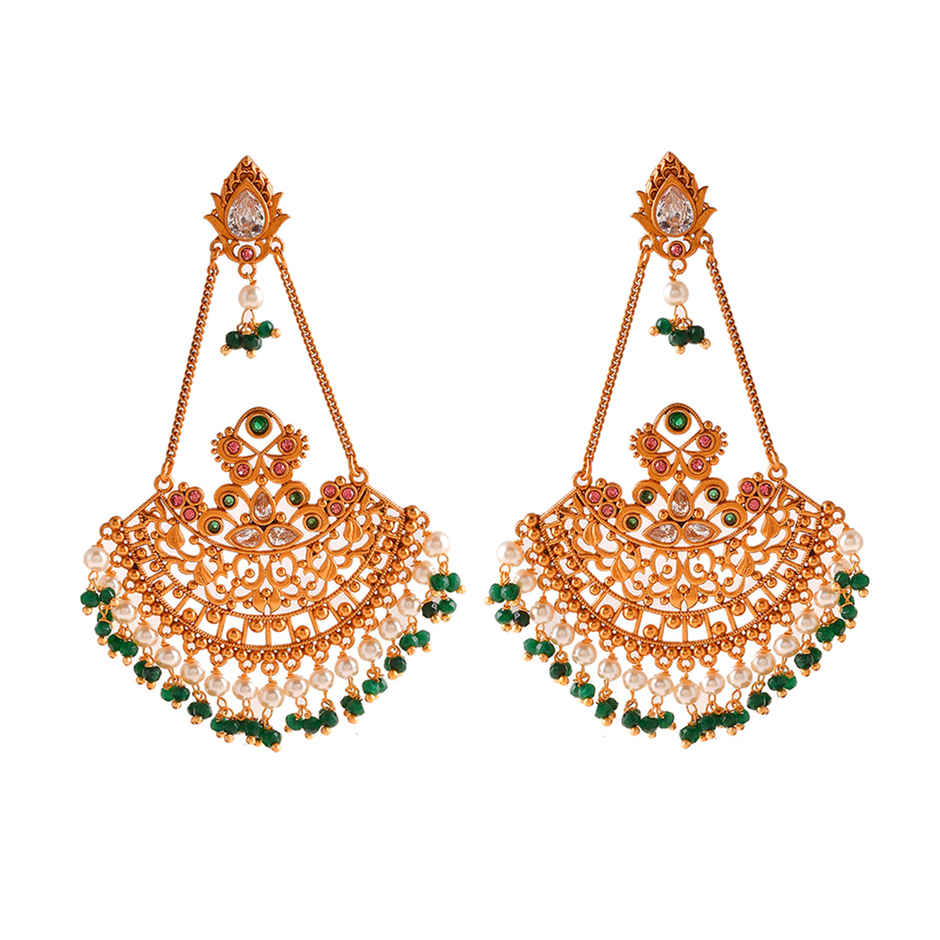 Voylla Abharan Ethnic White Pearls And Green Stones Filigree Earrings
