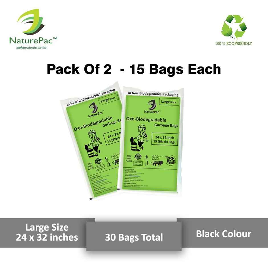 Naturepac Garbage Bag | Large | Black | Biodegradable | 24 x 32 inches | 30 pcs | Pack of 2