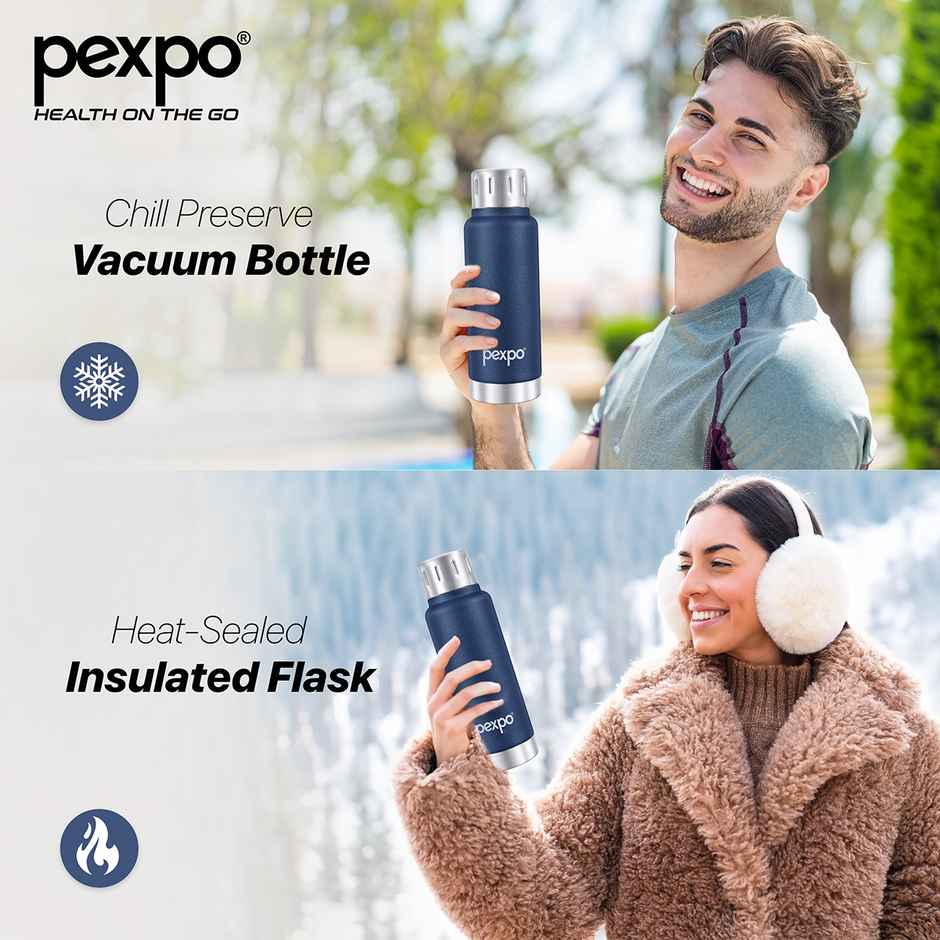 Pexpo Stainless Steel Cameo Hot & Cold Water Bottle | Denim Blue | 300 ml