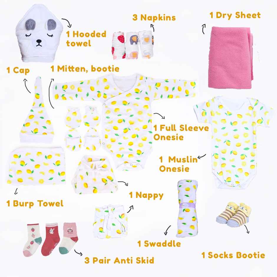 Moms Home Organic Cotton New Born Hospital Bag Kit | 0-3 Months | 20 Items | Lemon