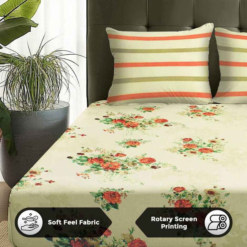 Story@home 144 TC Cotton Double Printed Flat Floral Bedsheet | Cream & Orange | 98 x 89 in