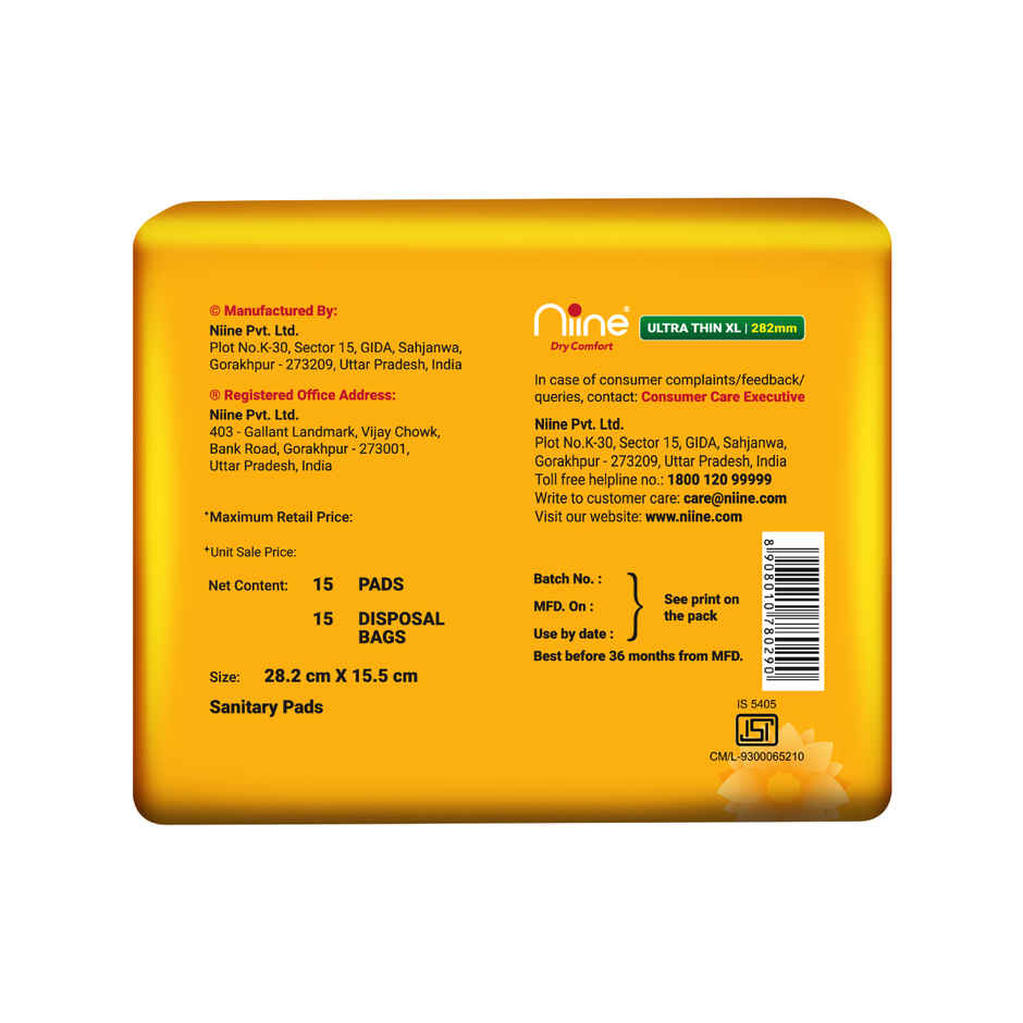 Niine Sanitary Napkins Ultra-Thin XL Dry Comfort | 282 mm | with Biodegradable Bags | 15 Pads