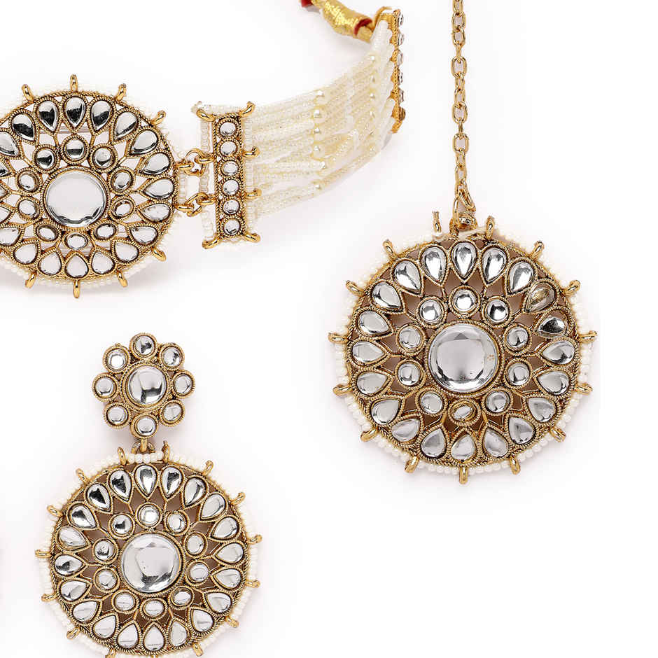 Sukkhi Desert-Inspired Gold Plated White Kundan & Beads Studded Collar Necklace Set