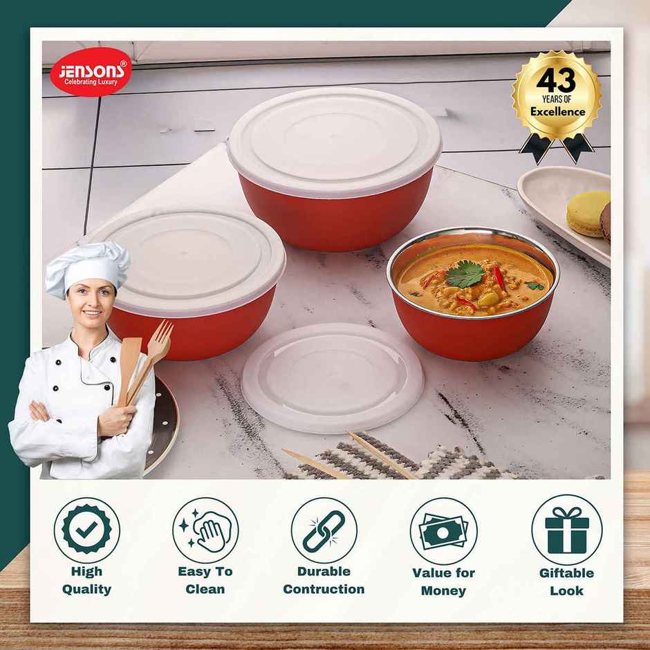 Jensons Microwave Safe  Bowl Set of 3 | Stainless Steel Bowls | Ovan Safe | with Lid
