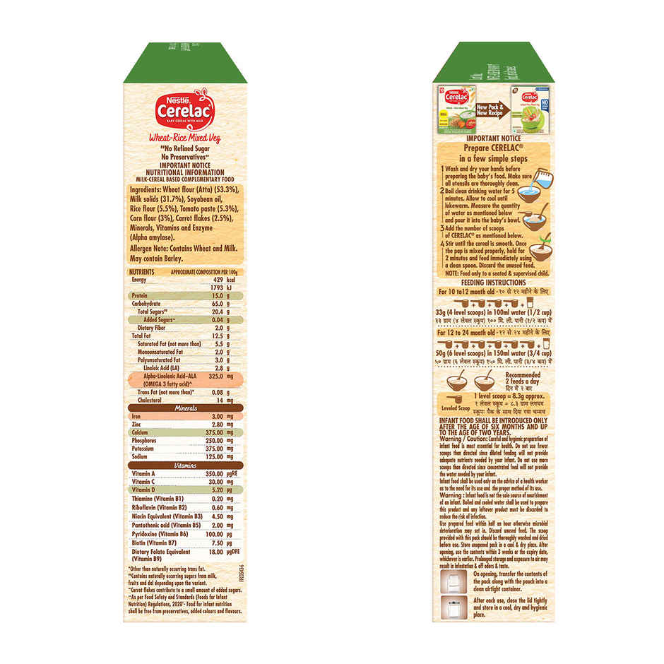 Nestle Cerelac Wheat Rice Mixed Veg Baby Food Cereal | No Refined Sugar & No Preservatives | 10-24M